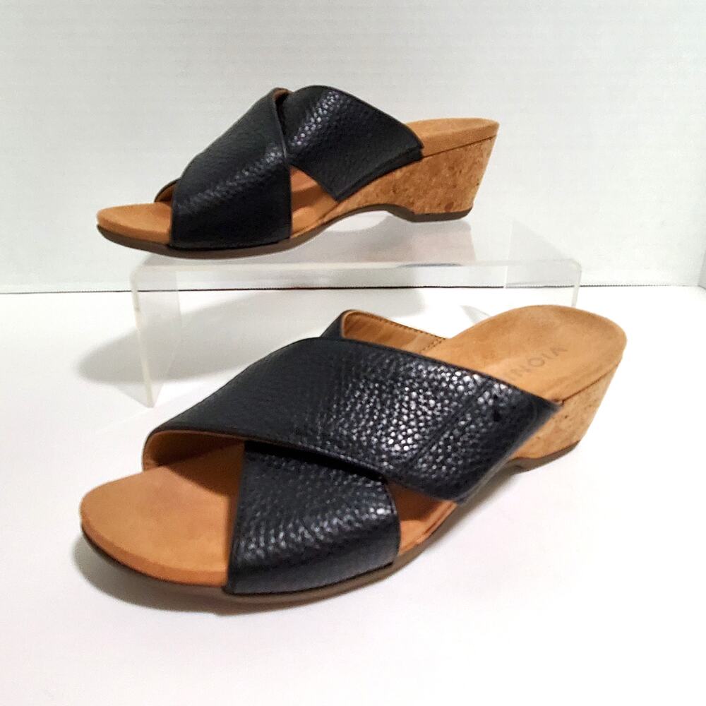 Vionic Leticia Sandals Womens 6.5 Cork Wedge Black Leather Adjustable Slides
